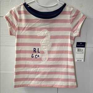 Ralph Lauren Pink & White Striped Seahorse Tee with Navy Trim NEW W/TAGS